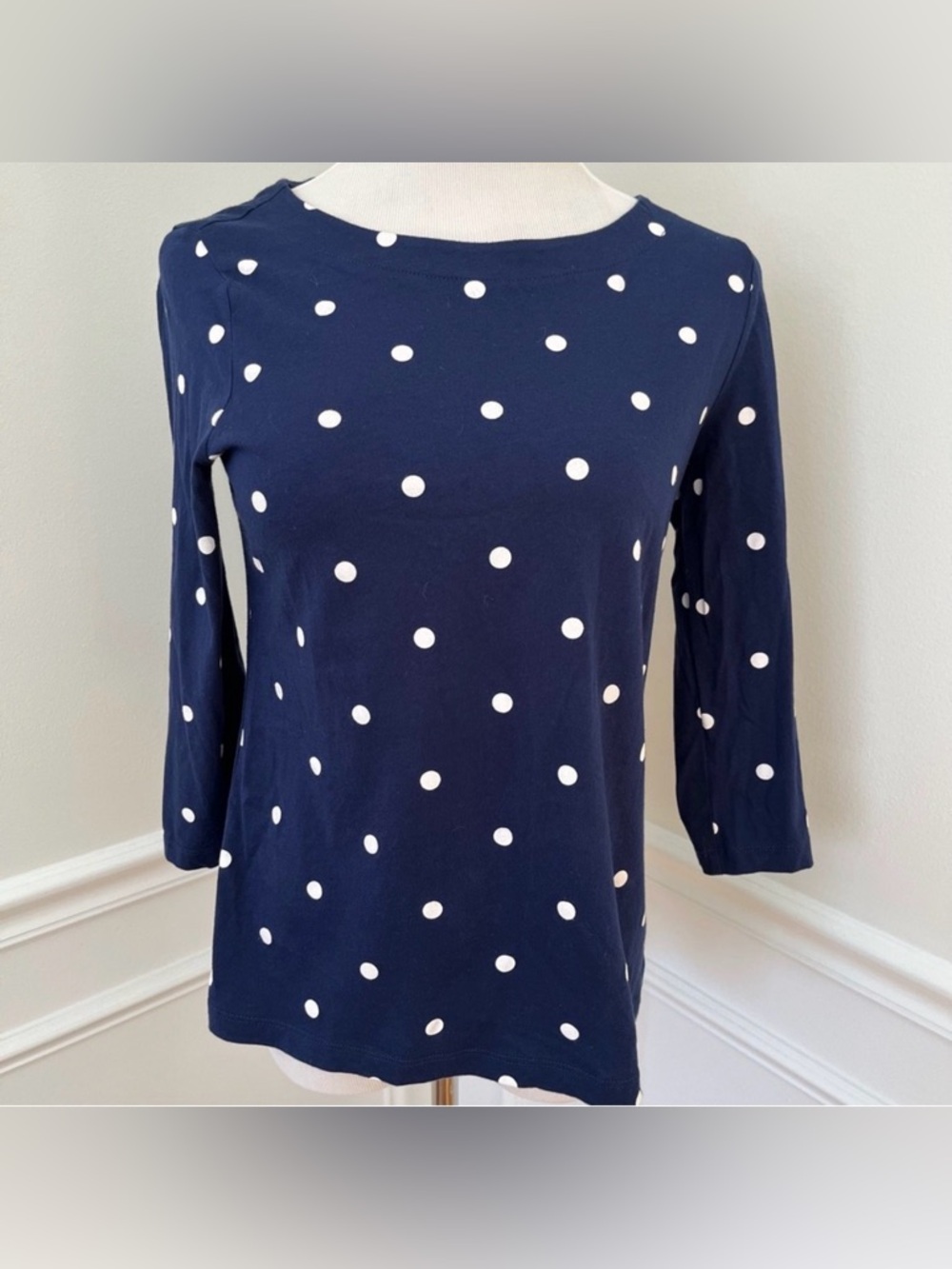 St. John’s Bay Navy Polka Dot Boatneck Top | Petite Medium